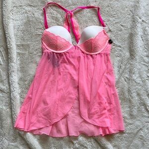 La Senza Pink Sheer Babydoll Lingerie | Lace Trim Romantic Y2K Intimates Small
